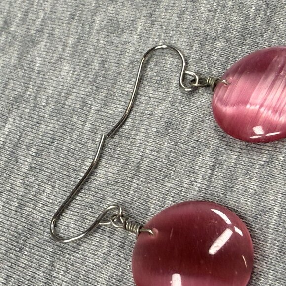 Pink Cats Eye Drop Earrings With Silver Tone Hooks Pierced Women Jewelry - Picture 3 of 14